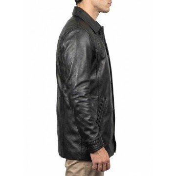 Men's Classic Black Real Leather Car Coat with Shirt Collar