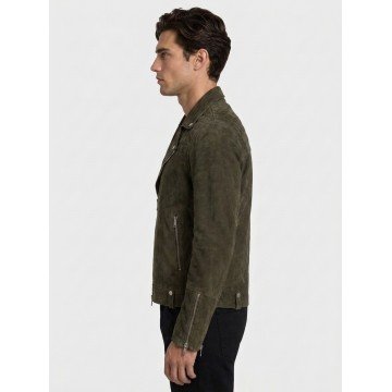 Men's Olive Green Quilted Biker Suede Leather Jacket