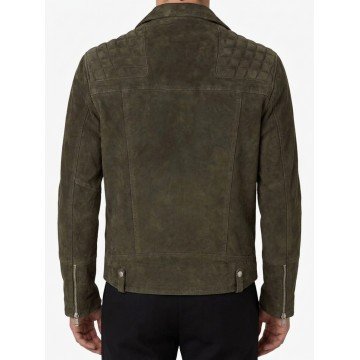 Men's Olive Green Quilted Biker Suede Leather Jacket