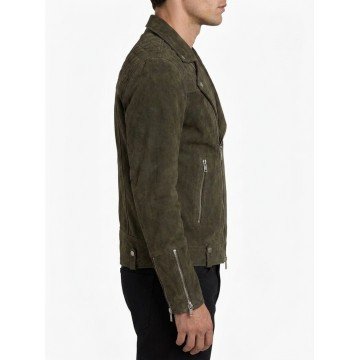 Men's Olive Green Quilted Biker Suede Leather Jacket