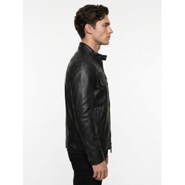 Men's Black Classic Motorcycle Leather Jacket with Red Stripes