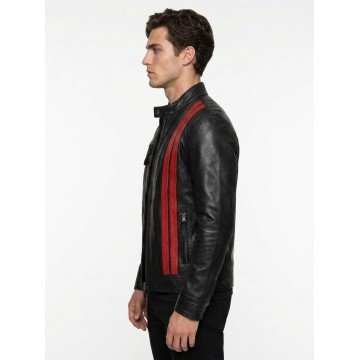 Men's Black Classic Motorcycle Leather Jacket with Red Stripes