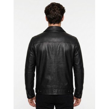Men's Black Classic Motorcycle Leather Jacket with Red Stripes