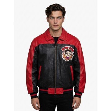 Red and Black Betty Boop Real Leather Biker Jacket