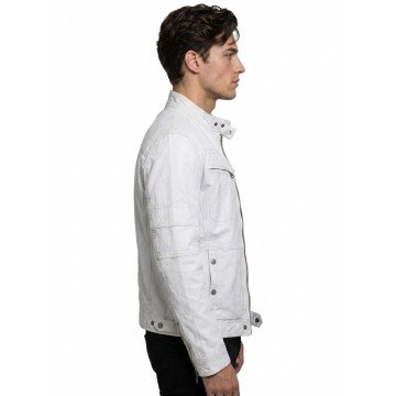 Men’s White Racer Real Leather Motorcycle Jacket with Snap Collar