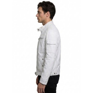 Men’s White Racer Real Leather Motorcycle Jacket with Snap Collar