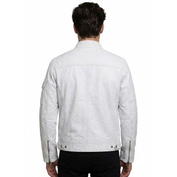 Men’s White Racer Real Leather Motorcycle Jacket with Snap Collar