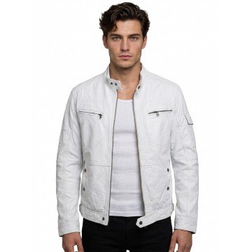 Men’s White Racer Real Leather Motorcycle Jacket with Snap Collar