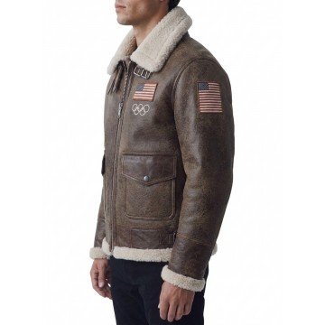 Olympics 2026 Team USA Brown Leather Flight Jacket
