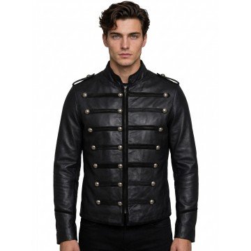 Napoleon Military Black Real Leather Jacket for Men
