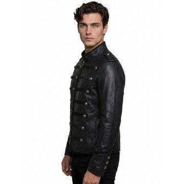Napoleon Military Black Real Leather Jacket for Men