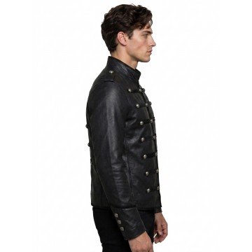 Napoleon Military Black Real Leather Jacket for Men