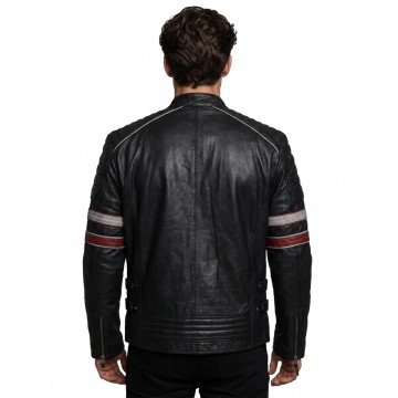 Men’s Black Moto Leather Jacket with Red & White Racing Stripes Men’s Black Moto Leather Jacket with Red & White Racing Stripes