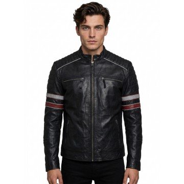 Men’s Black Moto Leather Jacket with Red & White Racing Stripes Men’s Black Moto Leather Jacket with Red & White Racing Stripes