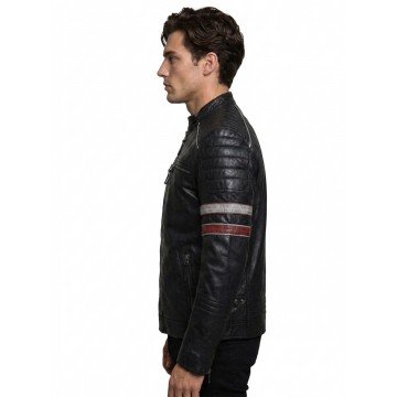 Men’s Black Moto Leather Jacket with Red & White Racing Stripes Men’s Black Moto Leather Jacket with Red & White Racing Stripes