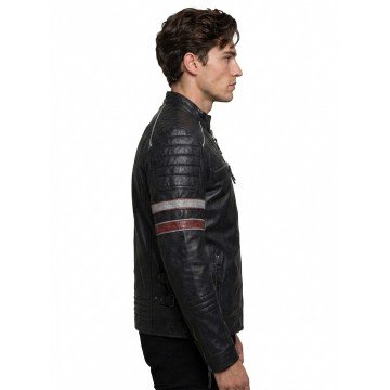 Men’s Black Moto Leather Jacket with Red & White Racing Stripes Men’s Black Moto Leather Jacket with Red & White Racing Stripes