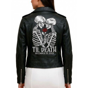Skeleton Til Death Black Biker Leather Jacket for Halloween