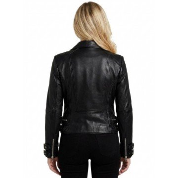 Stylish Women's Black Belted Biker Faux Leather Jacket