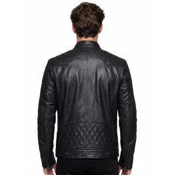 Men Quilted Black Leather Motorcycle Jacket with Snap Tab Collar