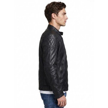 Men Quilted Black Leather Motorcycle Jacket with Snap Tab Collar