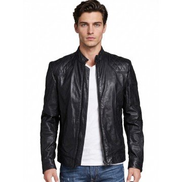 Men Quilted Black Real Leather Motorcycle Jacket with Snap Tab Collar