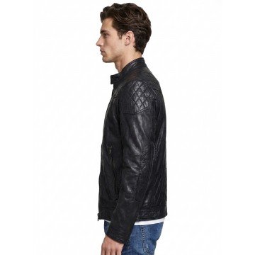 Men Quilted Black Real Leather Motorcycle Jacket with Snap Tab Collar