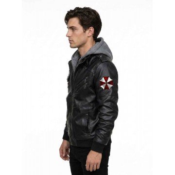 Resident Evil Umbrella Black Faux Leather Jacket with Hood
