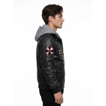 Resident Evil Umbrella Black Faux Leather Jacket with Hood