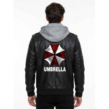 Resident Evil Umbrella Black Faux Leather Jacket with Hood