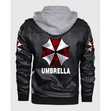 Resident Evil Umbrella Black Leather Hooded Jacket Resident Evil Umbrella Black Leather Hooded Jacket