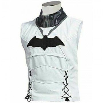 New Batman Arkham Knight White Hood Leather Jacket Vest Costume