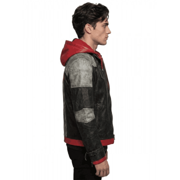 Men's Red Hooded Leather Jacket with Weathered Finish