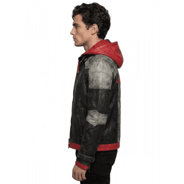 Men's Red Hooded Leather Jacket with Weathered Finish