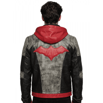 Men's Red Hooded Leather Jacket with Weathered Finish