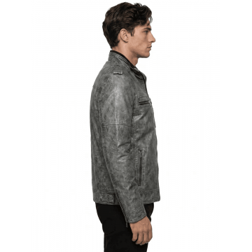 Men's Gray Distressed Leather Military Jacket