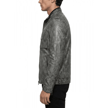 Men's Gray Distressed Leather Military Jacket