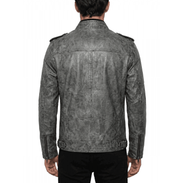 Men's Gray Distressed Leather Military Jacket
