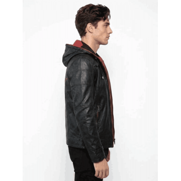 Men's Black & Red Hooded Real Leather Jacket Men's Black & Red Hooded Real Leather Jacket