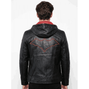 Men's Black & Red Hooded Real Leather Jacket Men's Black & Red Hooded Real Leather Jacket