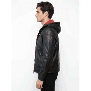 Men's Black & Red Hooded Real Leather Jacket Men's Black & Red Hooded Real Leather Jacket