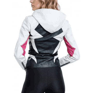 Women's Spider Gwen Hooded White & Black Leather Jacket