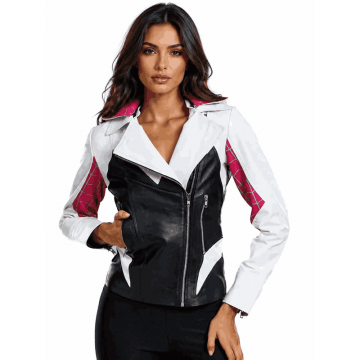 Women's Spider Gwen Hooded White & Black Leather Jacket