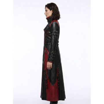 Women's Gothic Red Panel Leather Trench Coat with Buckles