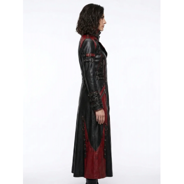 Women's Gothic Red Panel Leather Trench Coat with Buckles