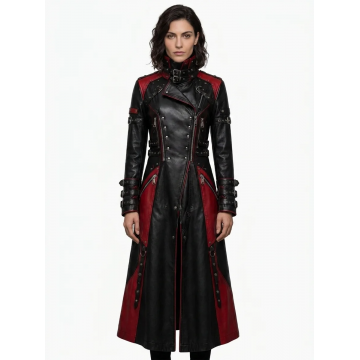 Women's Gothic Red Panel Leather Trench Coat with Buckles