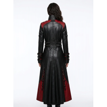 Women's Gothic Red Panel Leather Trench Coat with Buckles