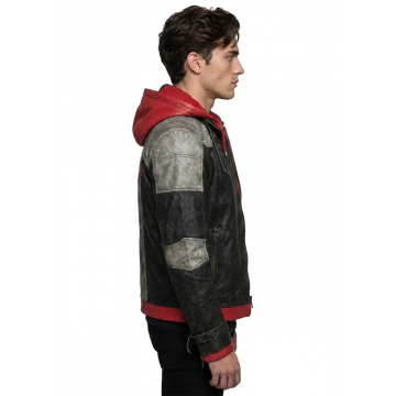 Men's Red Hooded Leather Jacket with Weathered Finish