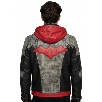 Men's Red Hooded Leather Jacket with Weathered Finish