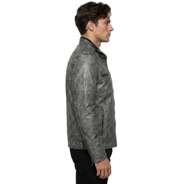 Men's Gray Distressed Leather Military Jacket