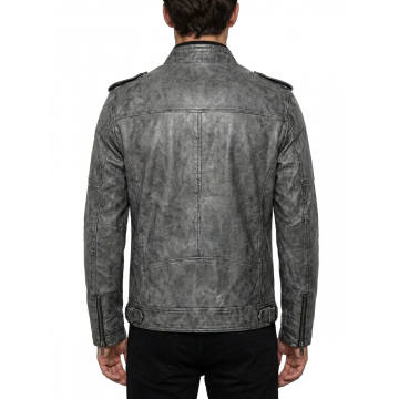 Men's Gray Distressed Leather Military Jacket